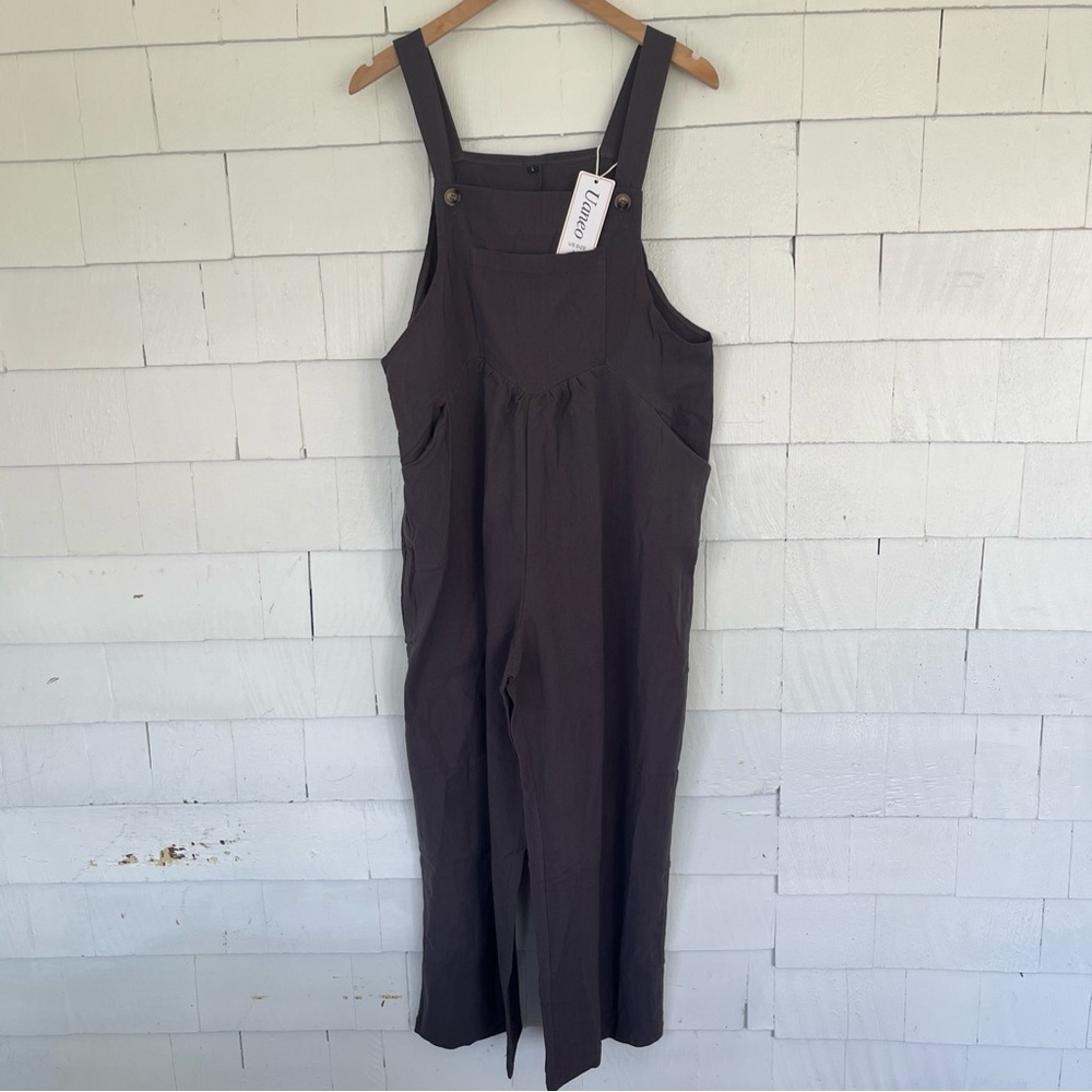 Women’s Large UANEO Cotton Linen Adjustable Bib Overalls Wide Leg Baggy NWT Jump